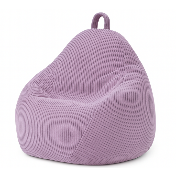 Pouf poire déhoussable en velours côtelé violet, forme poire rembourrée avec poignée