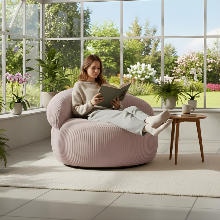 Personne assise sur un pouf XXL en velours côtelé, dans un salon