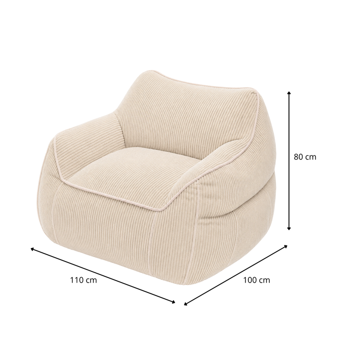 Pouf fauteuil en velours côtelé beige, dimensions 110×100×80 cm.