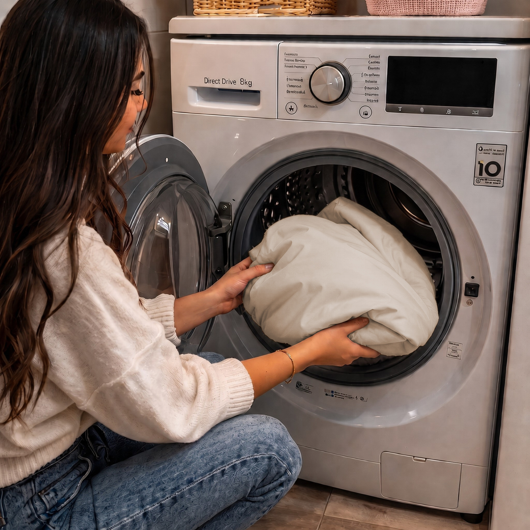 Housse du pouf extérieur déhoussable en tissu beige placé dans une machine à laver