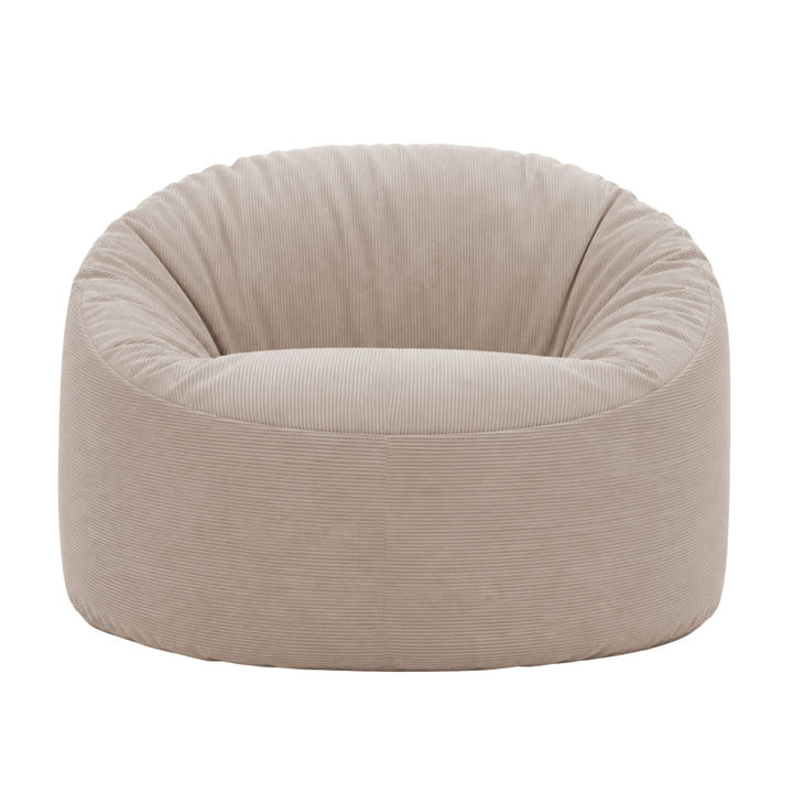 Pouf rond en velours côtelé, assise rembourrée avec dossier arrondi, vue de face