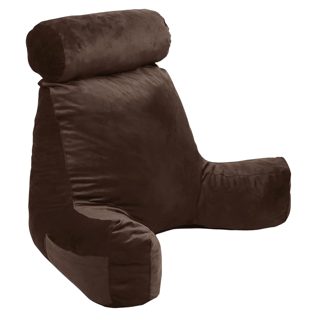 Coussin de lecture en velours chocolat, forme ergonomique avec accoudoirs