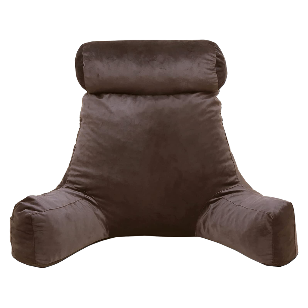 Coussin de lecture en velours chocolat, vue de face avec dossie