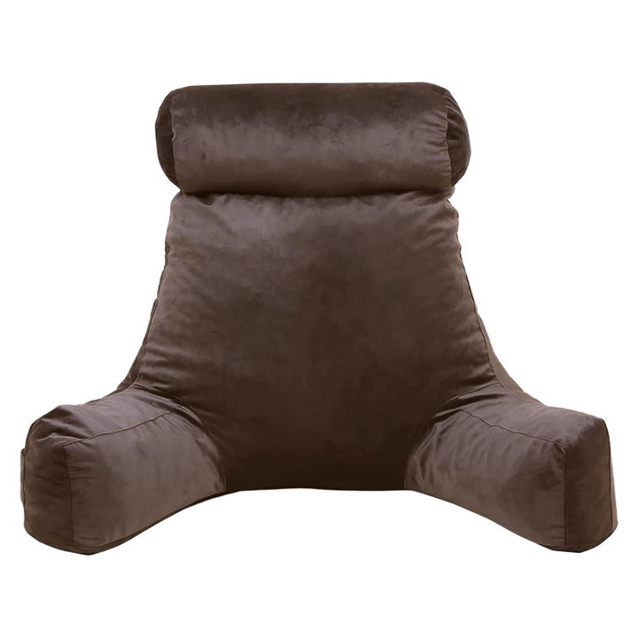 Coussin de lecture en velours chocolat, vue de face avec dossie