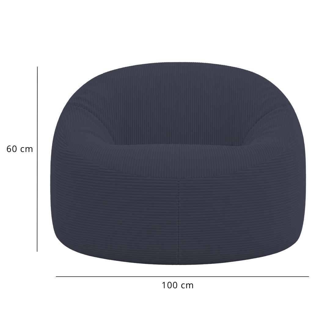 Pouf déhoussable bleu foncé en velours côtelé, vue de face avec dimensions