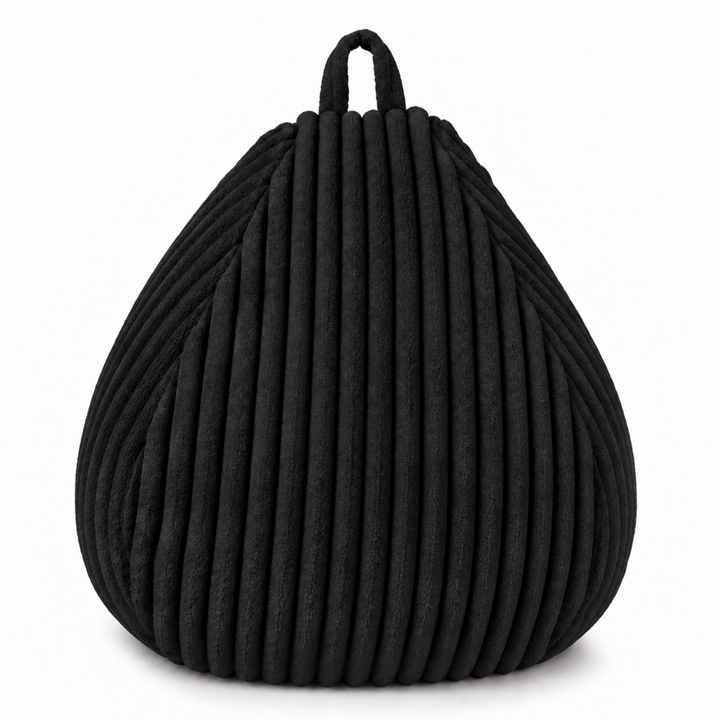 Pouf poire en fourrure côtelée noir avec poignée, finition texturée