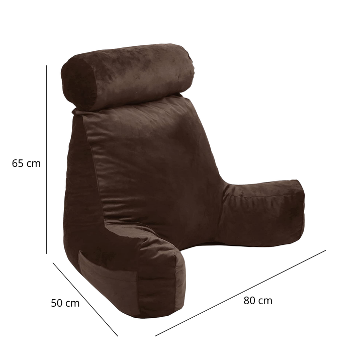 Coussin de lecture en velours chocolat, vue avec mesures 80x65 cm