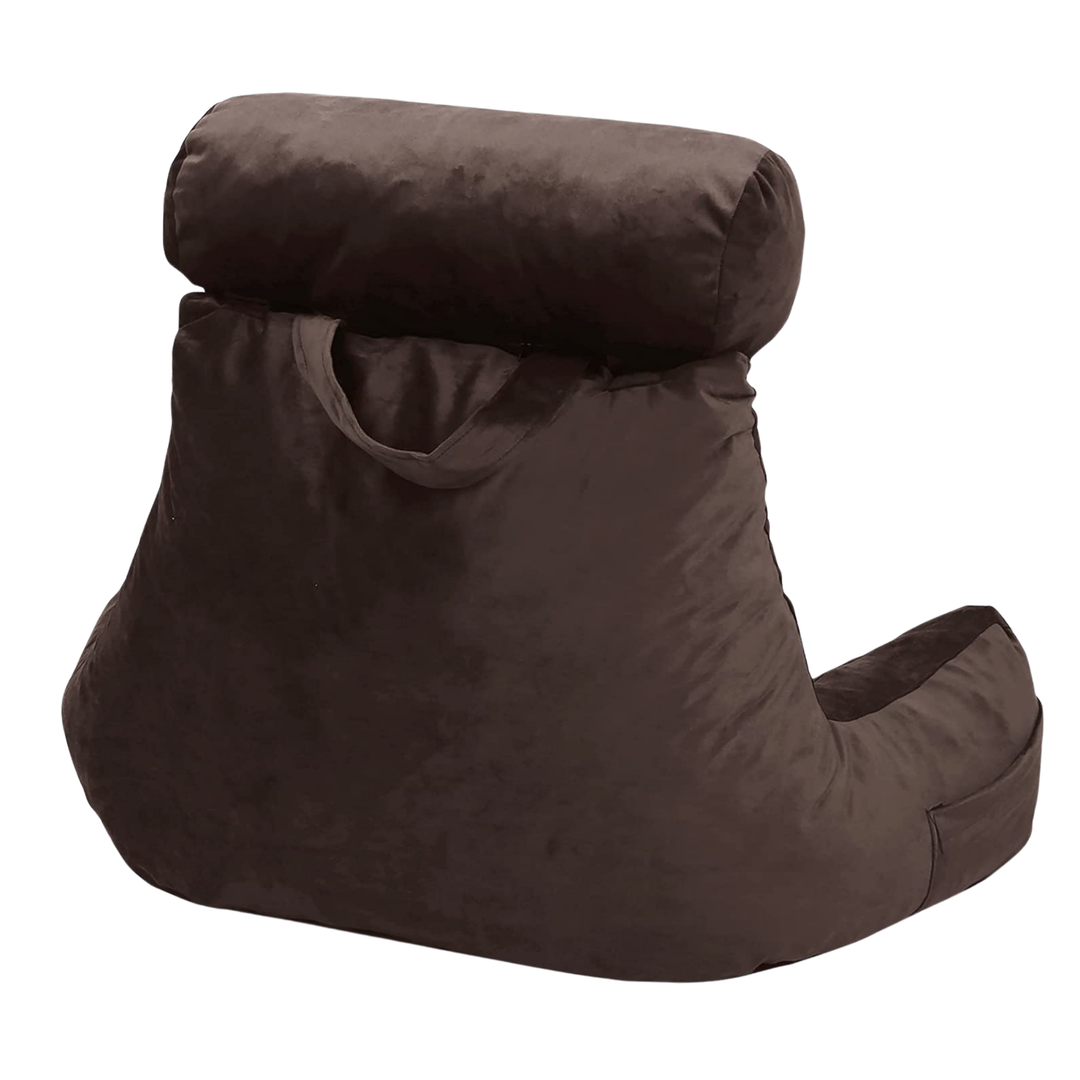 Coussin de lecture en velours marron chocolat, vue de dos
