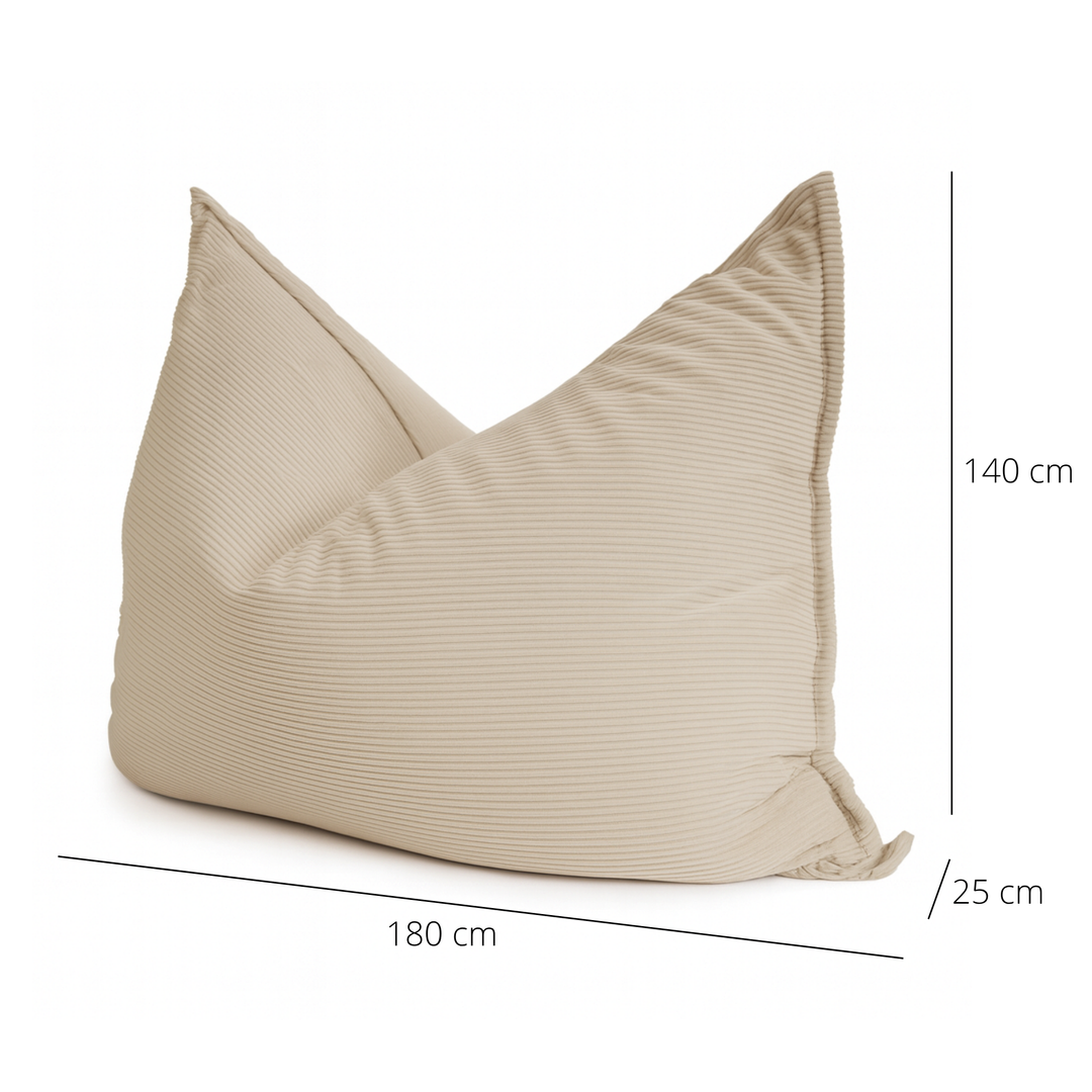 Pouf velours côtelé déhoussable beige, dimensions 180 x 140 x 25 cm.