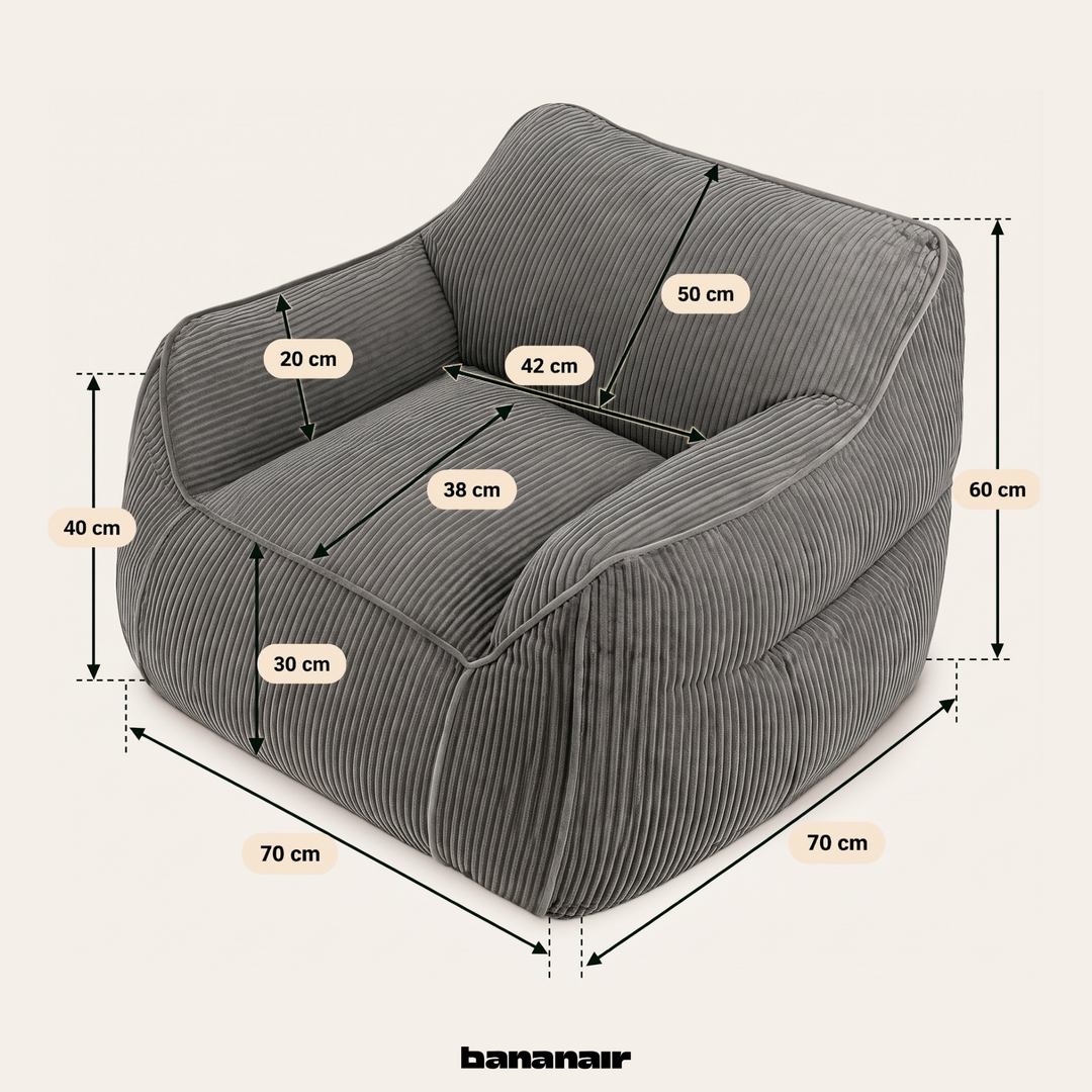 Fauteuil-pouf enfant en velours côtelé gris foncé, schéma avec dimensions 70×70 cm