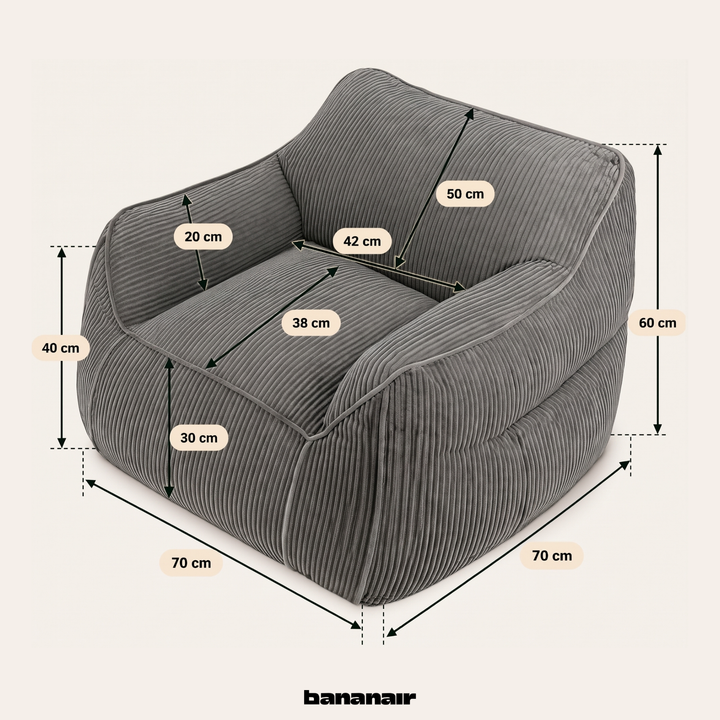 Fauteuil-pouf enfant en velours côtelé gris foncé, schéma avec dimensions 70×70 cm