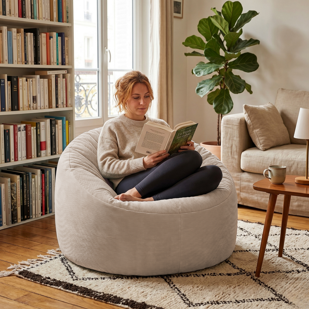 Personne assise dans un pouf rond en velours côtelé, dans un salon