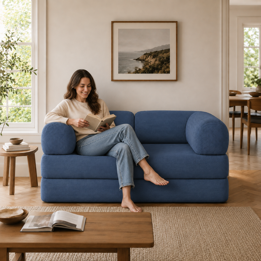 Personne assise sur un canapé-lit 2 places en velours côtelé bleu, dossier bas et accoudoirs rembourrés.