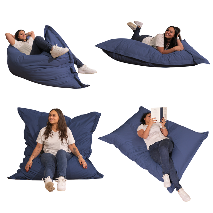 Différentes positions d’utilisation du pouf extérieur 140x180 cm avec une personne allongée, assise et inclinée.
