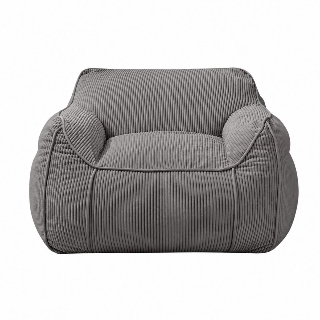 Fauteuil-pouf enfant en velours côtelé gris foncé, vue de face, coutures verticales