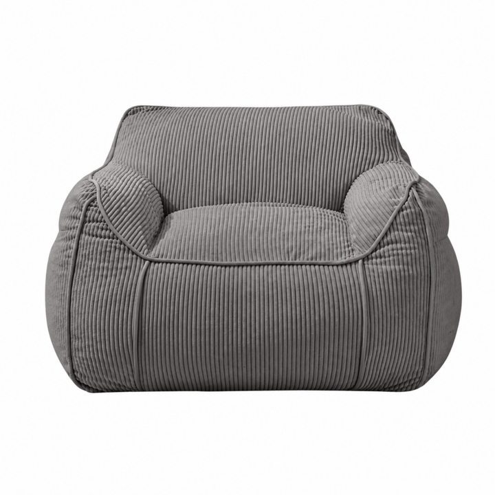 Fauteuil-pouf enfant en velours côtelé gris foncé, vue de face, coutures verticales