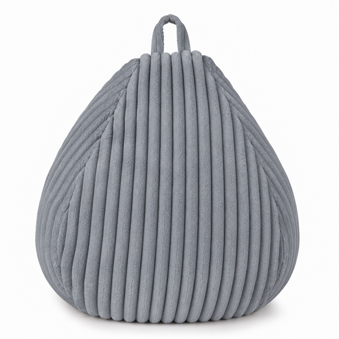 Pouf poire gris fourrure côtelée déhoussable, vue avant, poignée en haut.