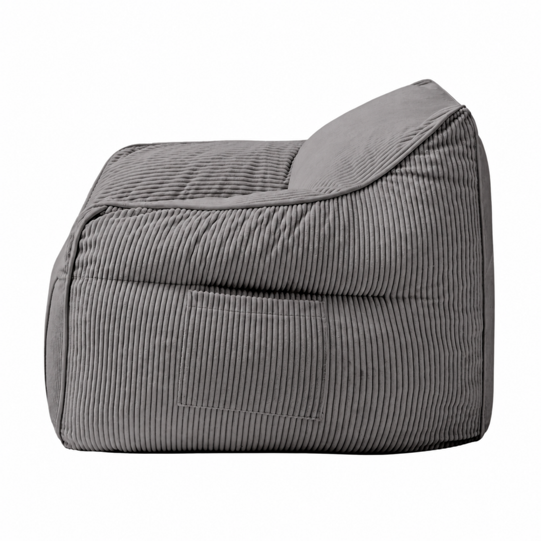 Fauteuil pouf enfant en velours côtelé gris foncé, vue de profil