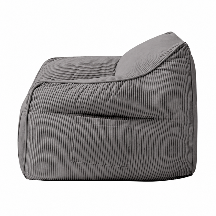 Fauteuil pouf enfant en velours côtelé gris foncé, vue de profil