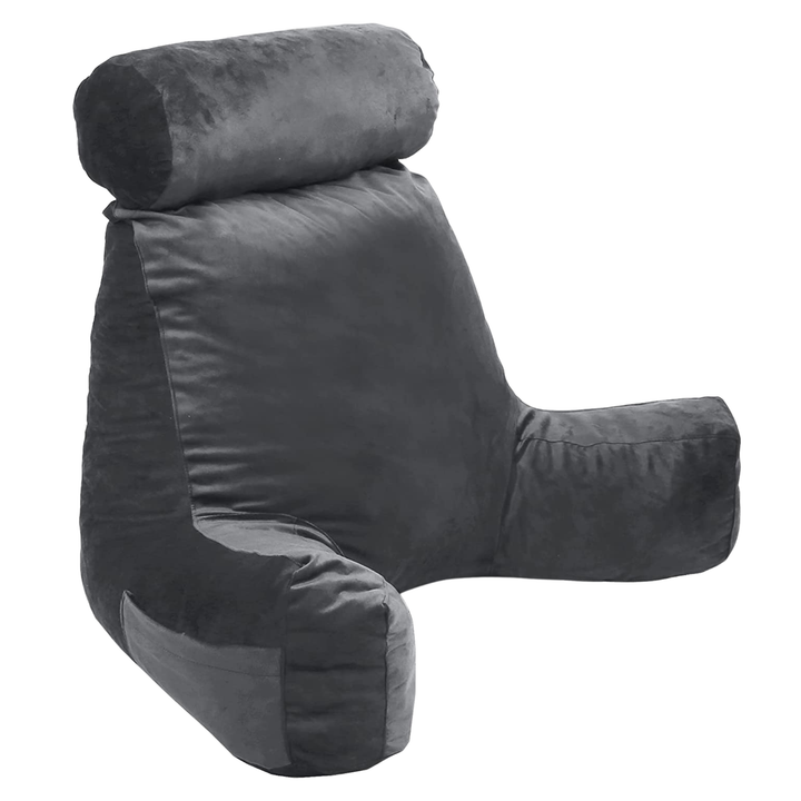 Coussin de lecture en velours gris, vue de profil