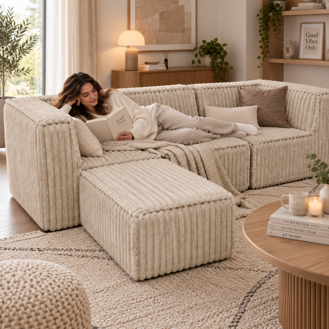 Canapé modulable beige avec méridienne, coussins et assise à lattes en relief côtelé.