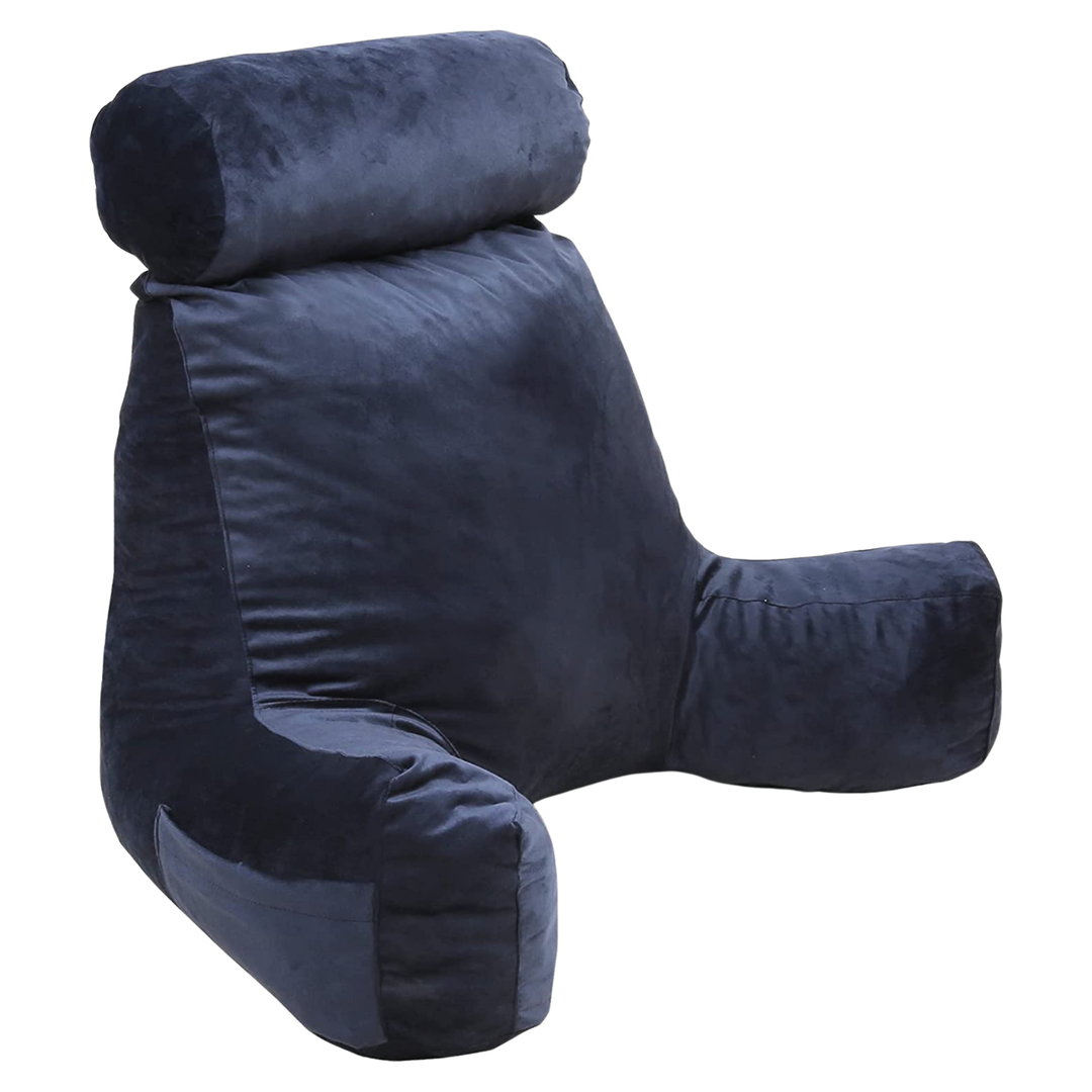 Coussin de lecture en velours bleu nuit, vue de profil