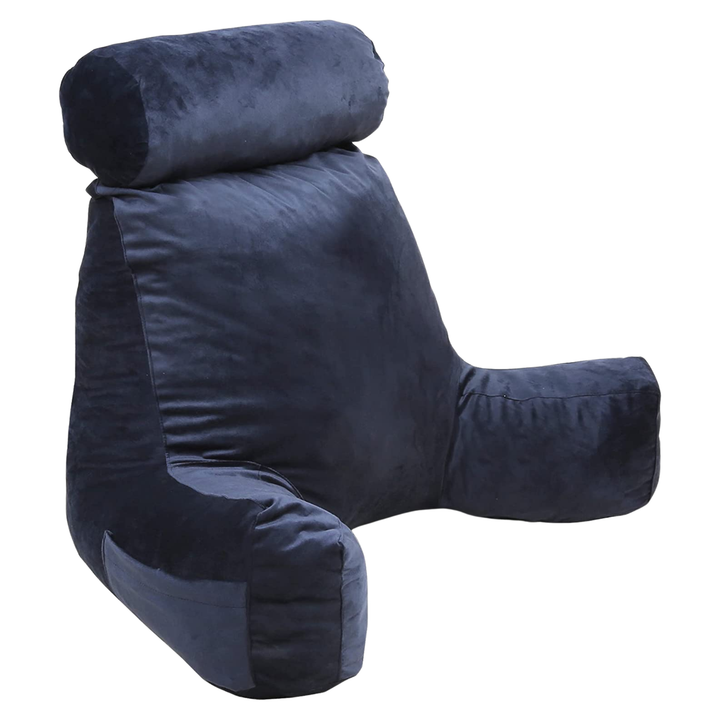 Coussin de lecture en velours bleu nuit, vue de profil