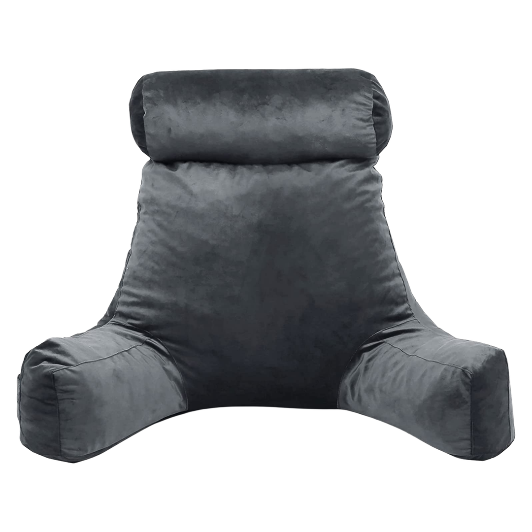 Coussin de lecture en velours gris foncé, vue de face avec accoudoirs intégrés.
