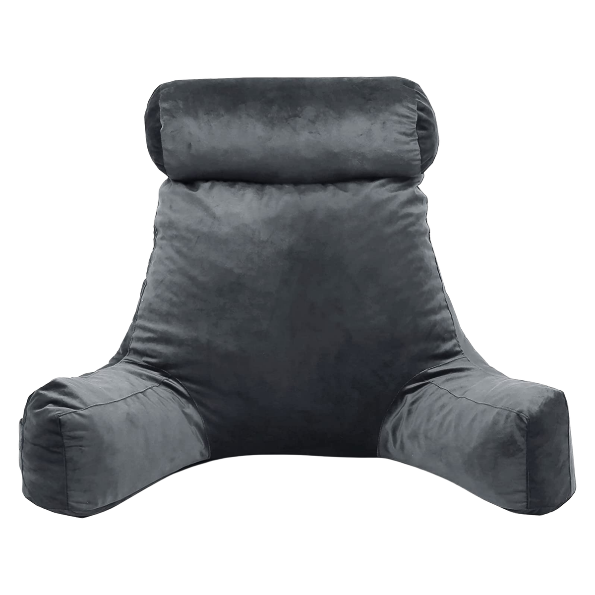 Coussin de lecture en velours gris foncé, vue de face avec accoudoirs intégrés.