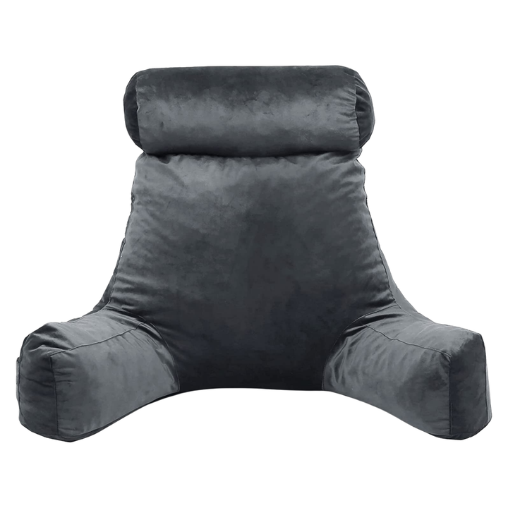 Coussin de lecture en velours gris foncé, vue de face avec accoudoirs intégrés.