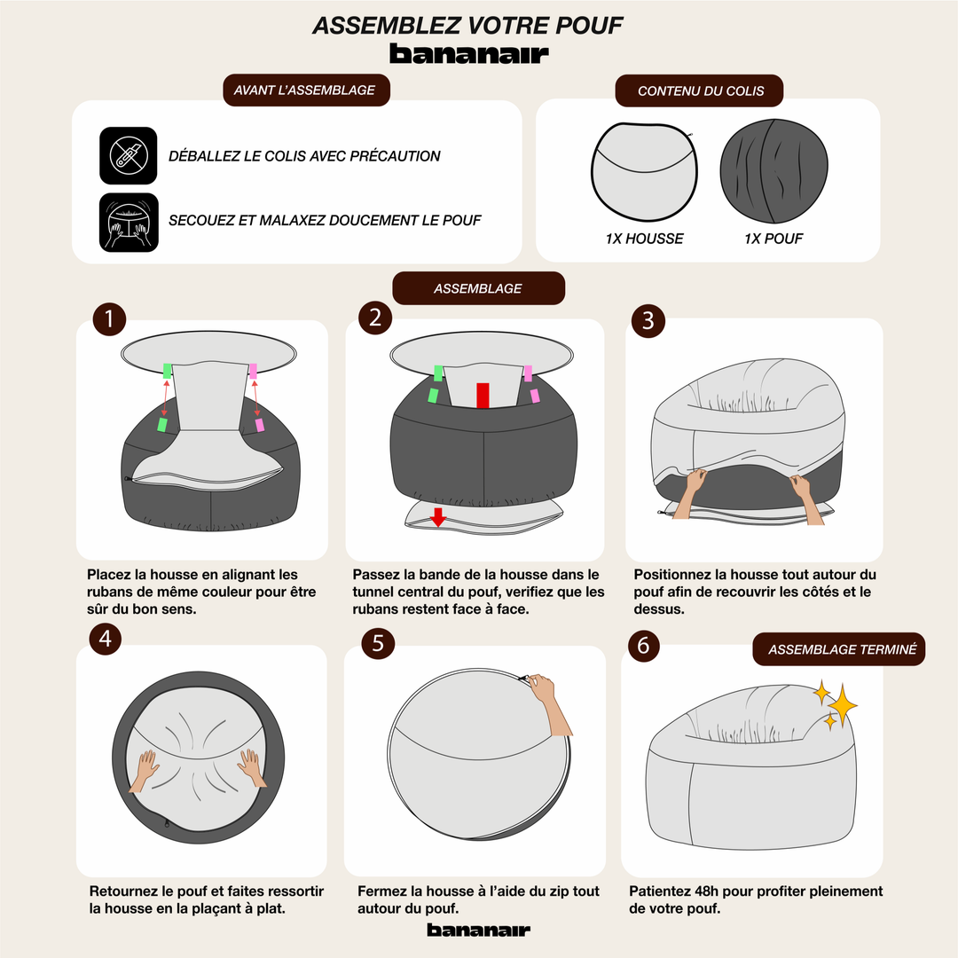 Pouf déhoussable en velours côtelé épais : étapes de mise en place de la housse