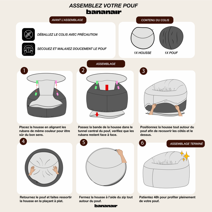 Pouf déhoussable en velours côtelé épais : étapes de mise en place de la housse