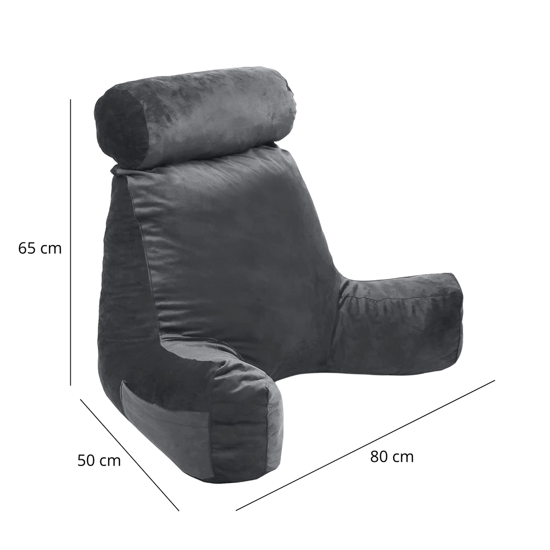 Coussin de lecture en velours gris foncé, dimensions 80×50×65 cm (schéma).