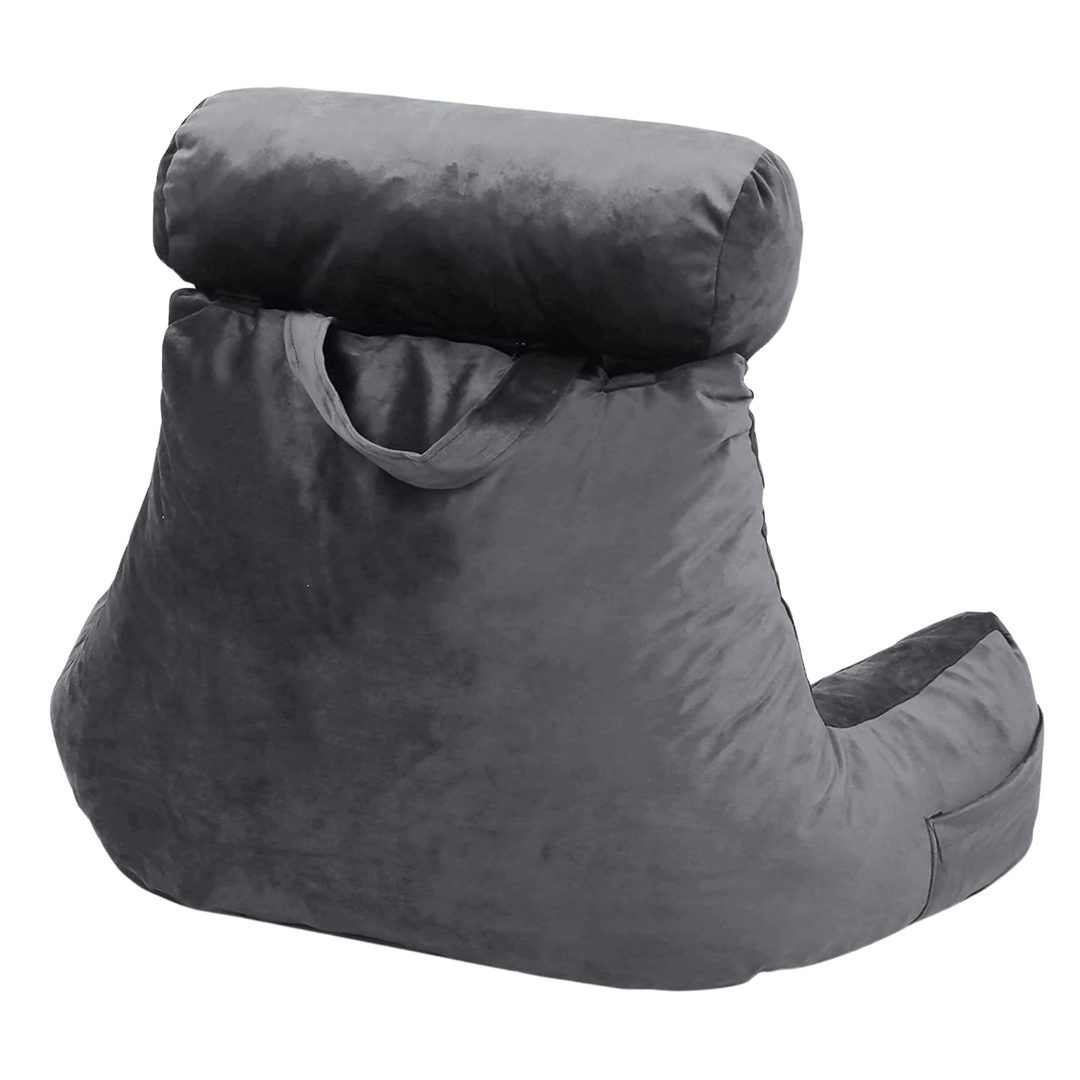 Coussin de lecture en velours gris foncé, vue de dos