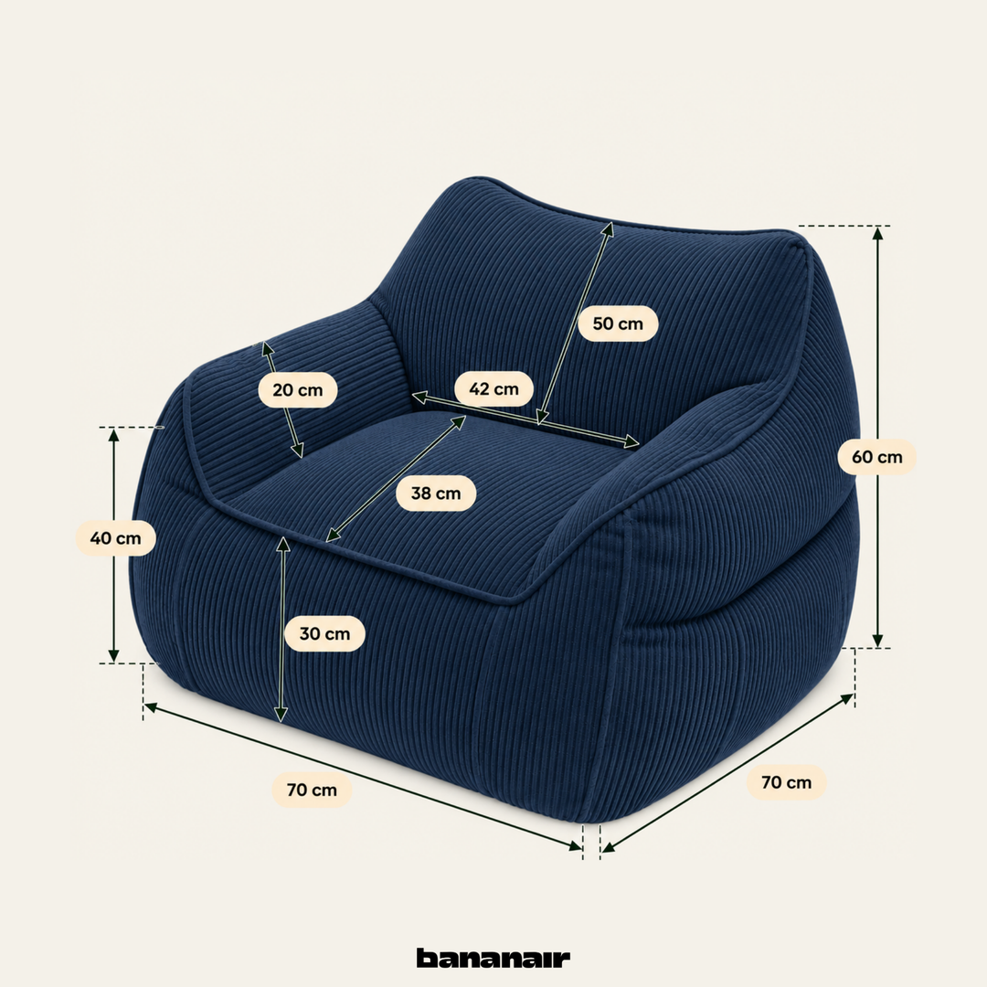 Pouf fauteuil enfant en velours côtelé bleu, dimensions indiquées 70x70 cm