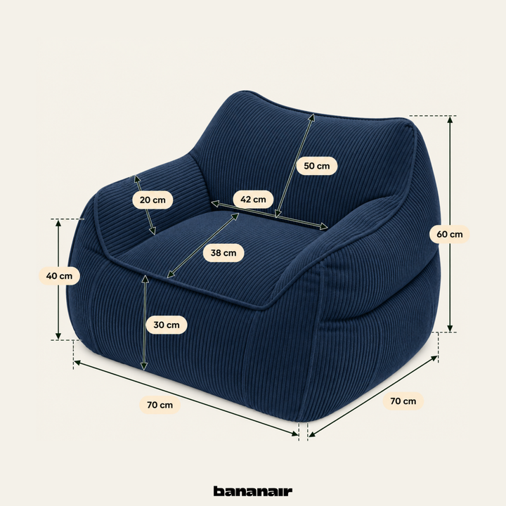 Pouf fauteuil enfant en velours côtelé bleu, dimensions indiquées 70x70 cm
