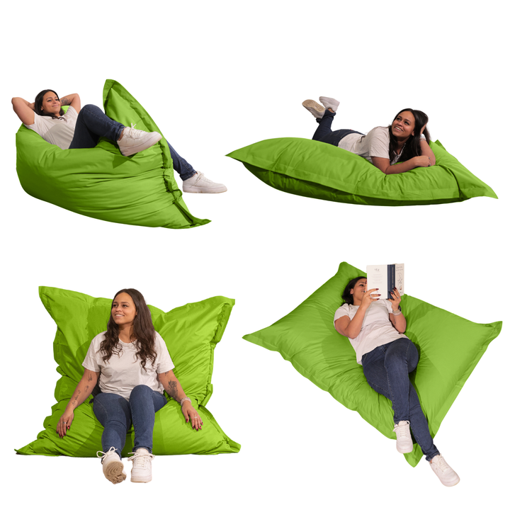 Différentes positions d’utilisation du pouf extérieur 140x180 cm avec une personne allongée, assise et inclinée.