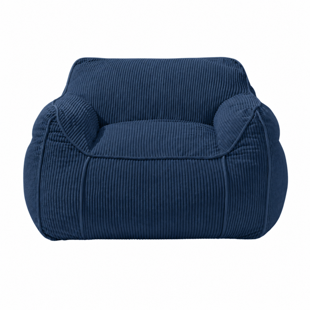 Pouf fauteuil enfant en velours côtelé bleu foncé, vue de face