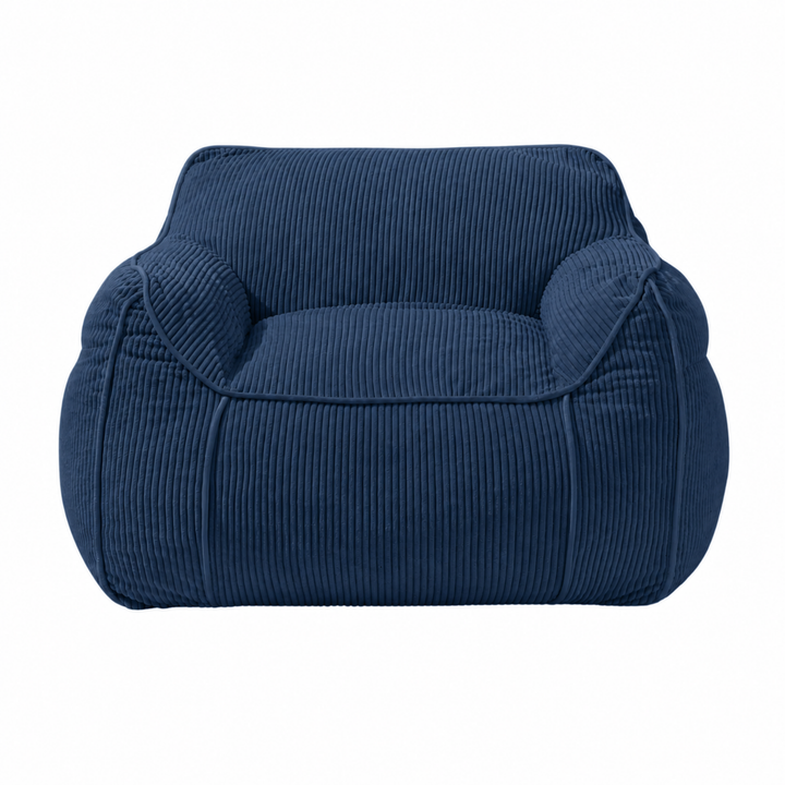 Pouf fauteuil enfant en velours côtelé bleu foncé, vue de face