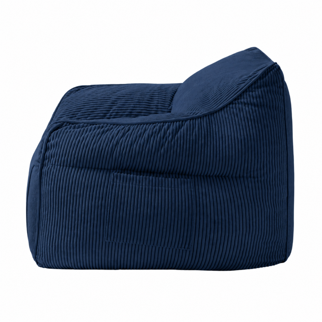 Pouf fauteuil enfant en velours côtelé bleu, vue de profil avec accoudoir