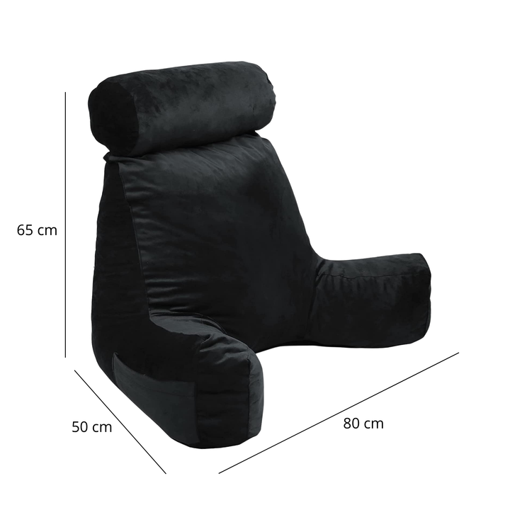 Coussin de lecture en velours noir, dimensions indiquées : 80 cm, 65 cm, 50 cm.