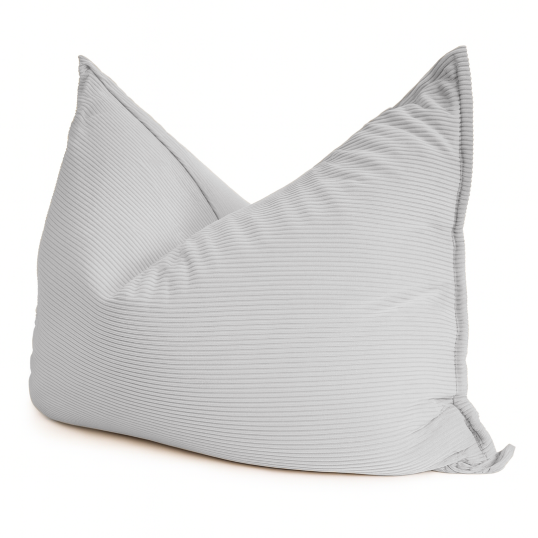 Pouf en velours côtelé gris clair, assise moelleuse, housse amovible.