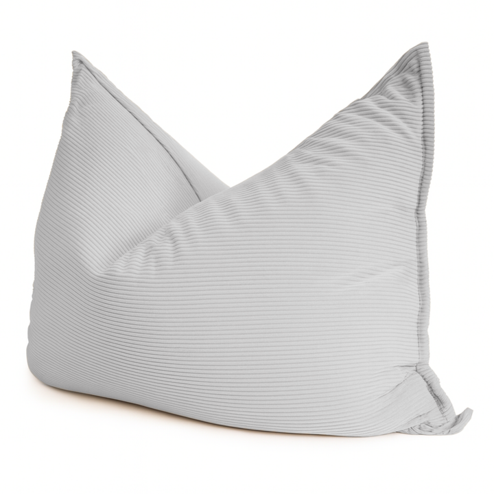 Pouf en velours côtelé gris clair, assise moelleuse, housse amovible.