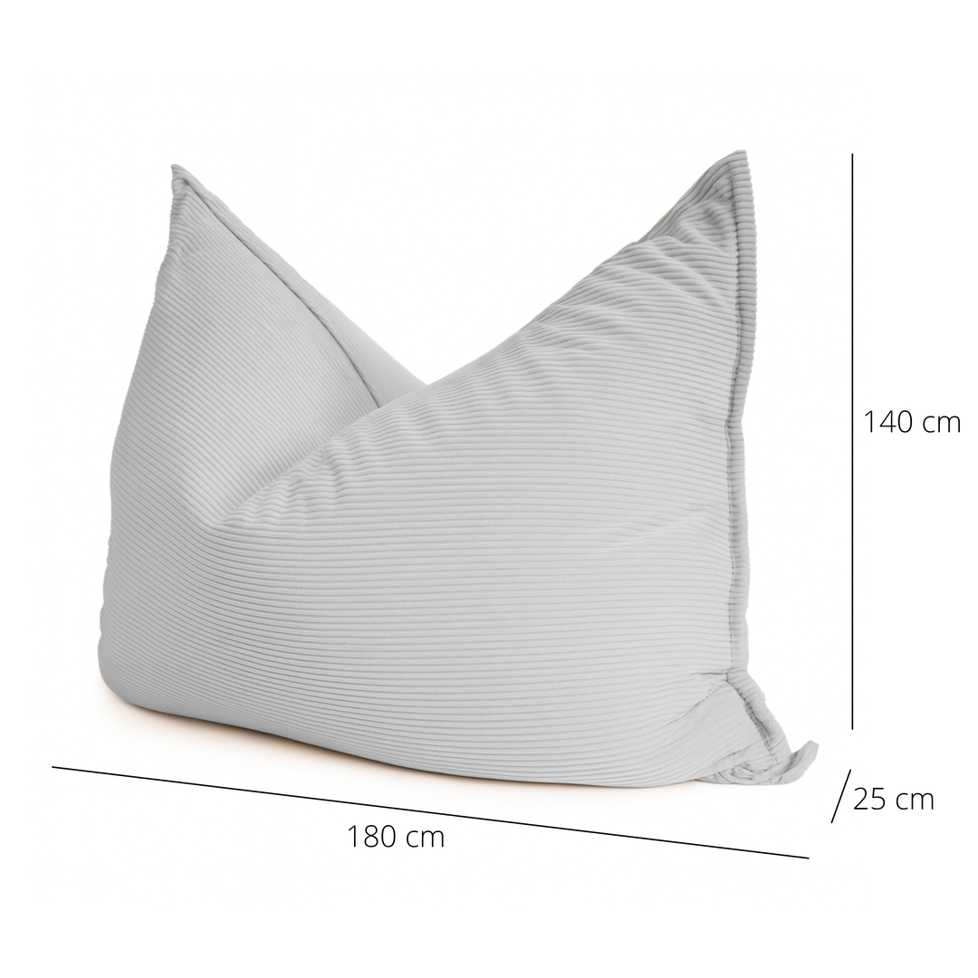 Pouf déhoussable en velours côtelé gris clair : 180 cm x 140 cm, base 25 cm.