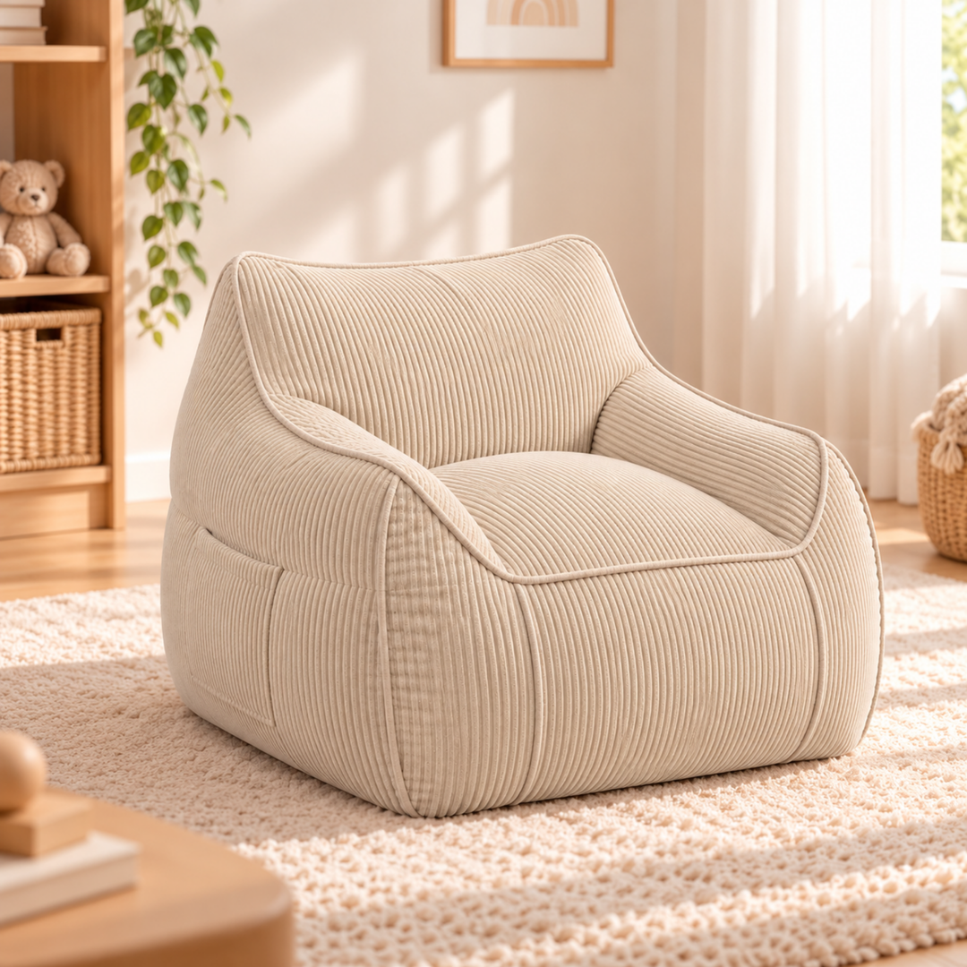 Pouf fauteuil enfant en velours côtelé, dans une chambre