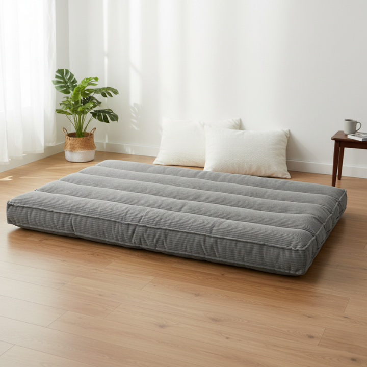 Futon déhoussable gris clair en velours côtelé, format déplié avec couture sur le bord