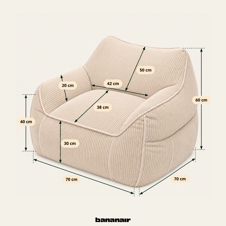Pouf fauteuil enfant en velours côtelé beige 70x70 cm, repères de dimensions visibles