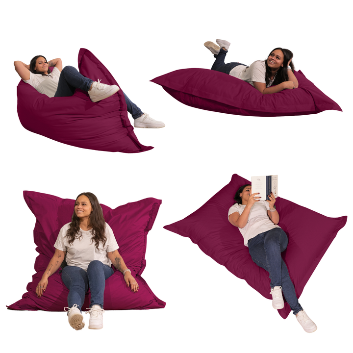Différentes positions d’utilisation du pouf extérieur 140x180 cm avec une personne allongée, assise et inclinée.
