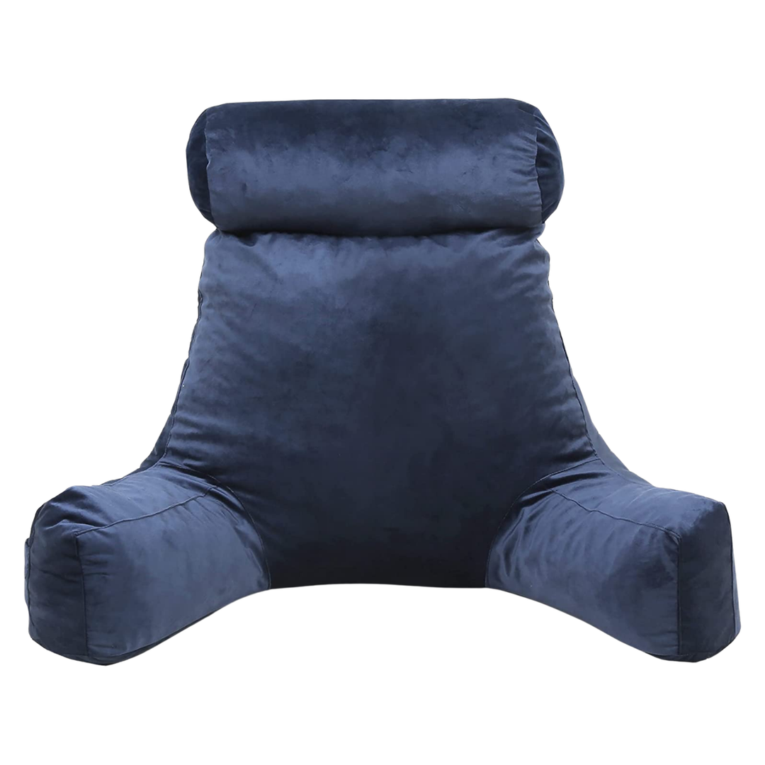 Coussin de lecture en velours bleu nuit, forme ergonomique, vue de face