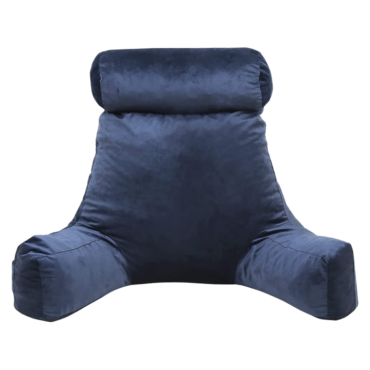 Coussin de lecture en velours bleu nuit, forme ergonomique, vue de face